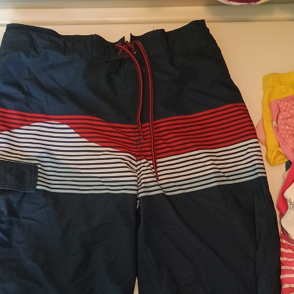 George Navy Swim Shorts with Red and White Stripes
